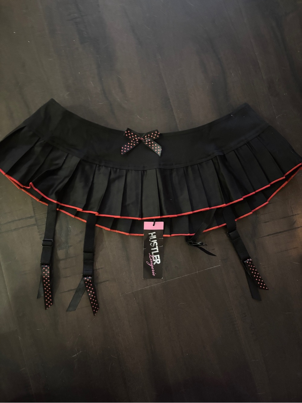 Vintage Y2K Hustler Black micro Mini Pleated Garter Skirt with Red Trim nwt OS